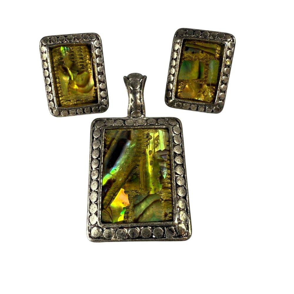 Vintage Silver Tone Pendant & Earrings Set Iridescent Abalone Shell Insets